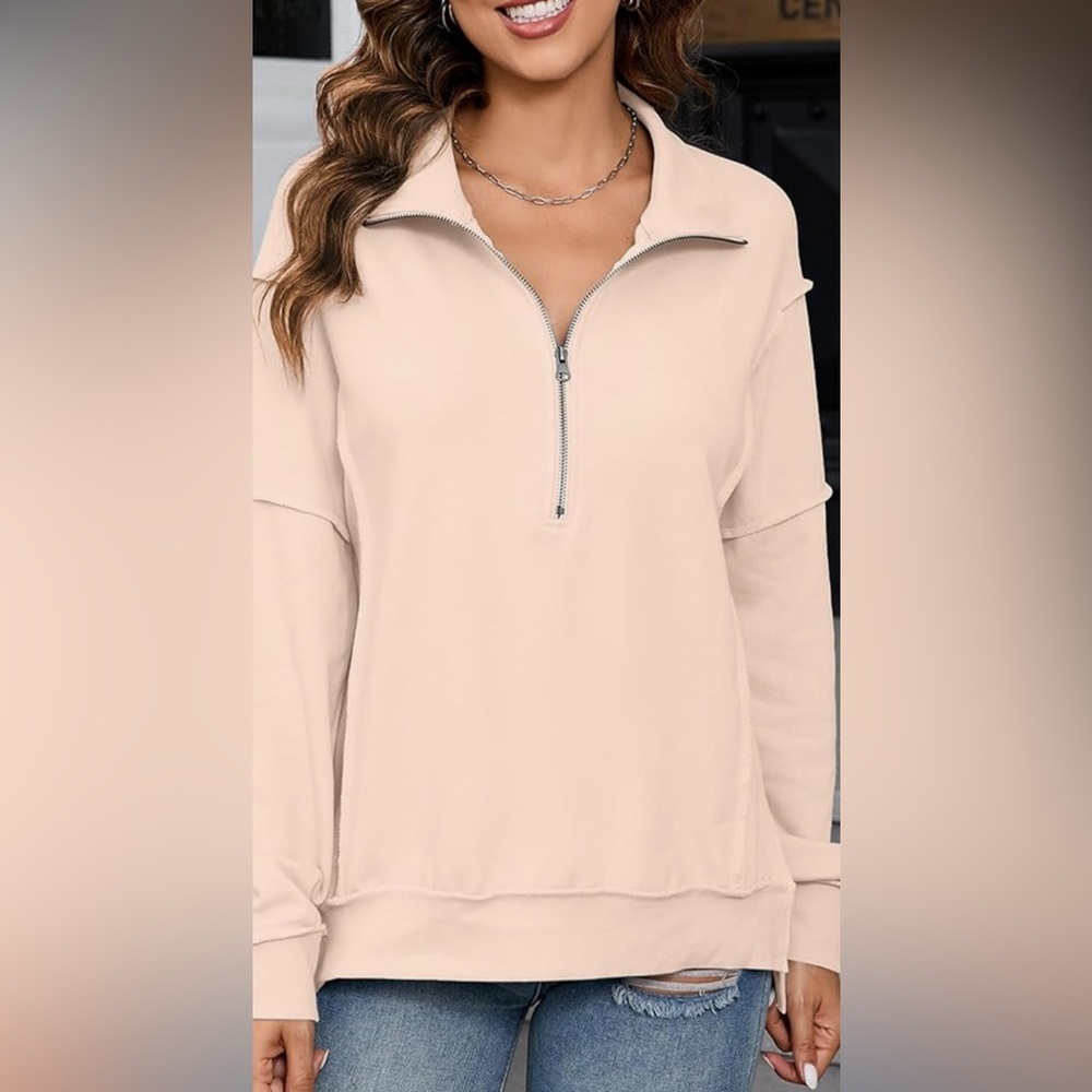 New-Cream Oversized Sweatshirt Half Zip Fleece Pullover Long Sleeve Side Slit